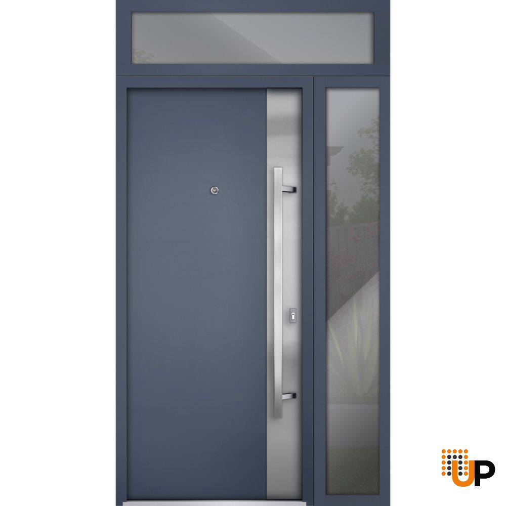 Front Exterior Prehung Steel Door / Deux 0729 Gray Graphite / Sidelight and Transom Window / Stainless Inserts Single Modern Painted-W36+14" x H80+16"-Left-hand Inswing photo#1