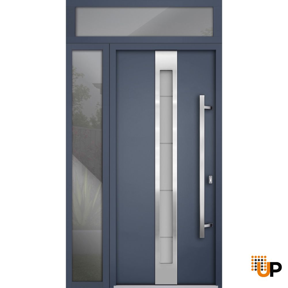 Front Exterior Prehung Steel Door / Deux 1717 Gray Graphite / Sidelight and Transom Window / Stainless Inserts Single Modern Painted-W36+14" x H80+16"-Left-hand Outswing photo#1