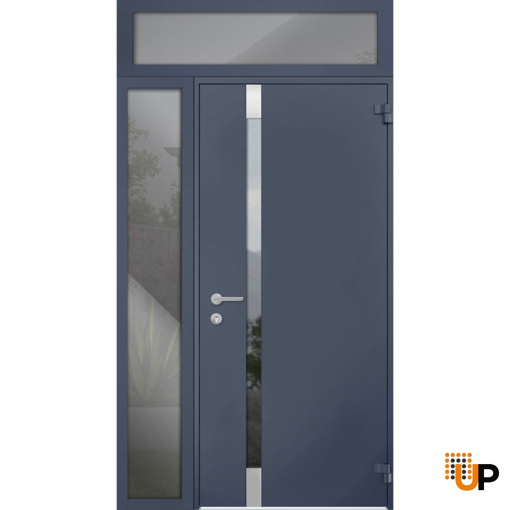Front Exterior Prehung Steel Door / Cynex 6777 Grey / Sidelight and Transom Window / Stainless Inserts Single Modern Painted-W32+14" x H80+16"-Right-hand Outswing photo#1