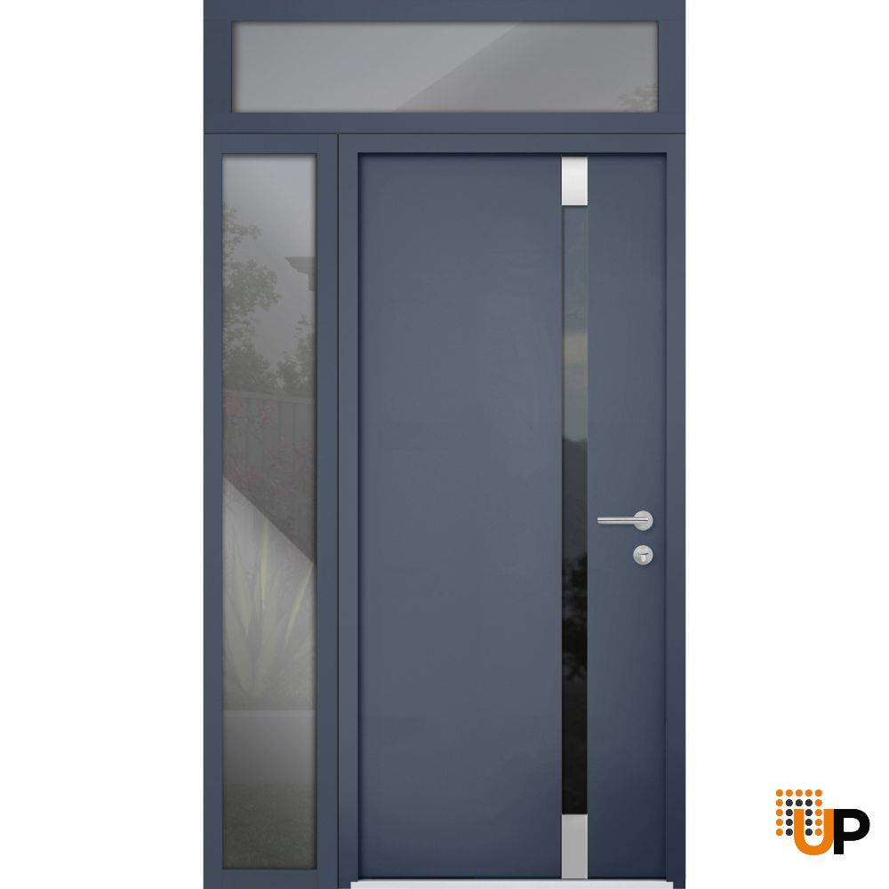 Front Exterior Prehung Steel Door / Cynex 6777 Grey / Sidelight and Transom Window / Stainless Inserts Single Modern Painted-W32+14" x H80+16"-Left-hand Inswing photo#1