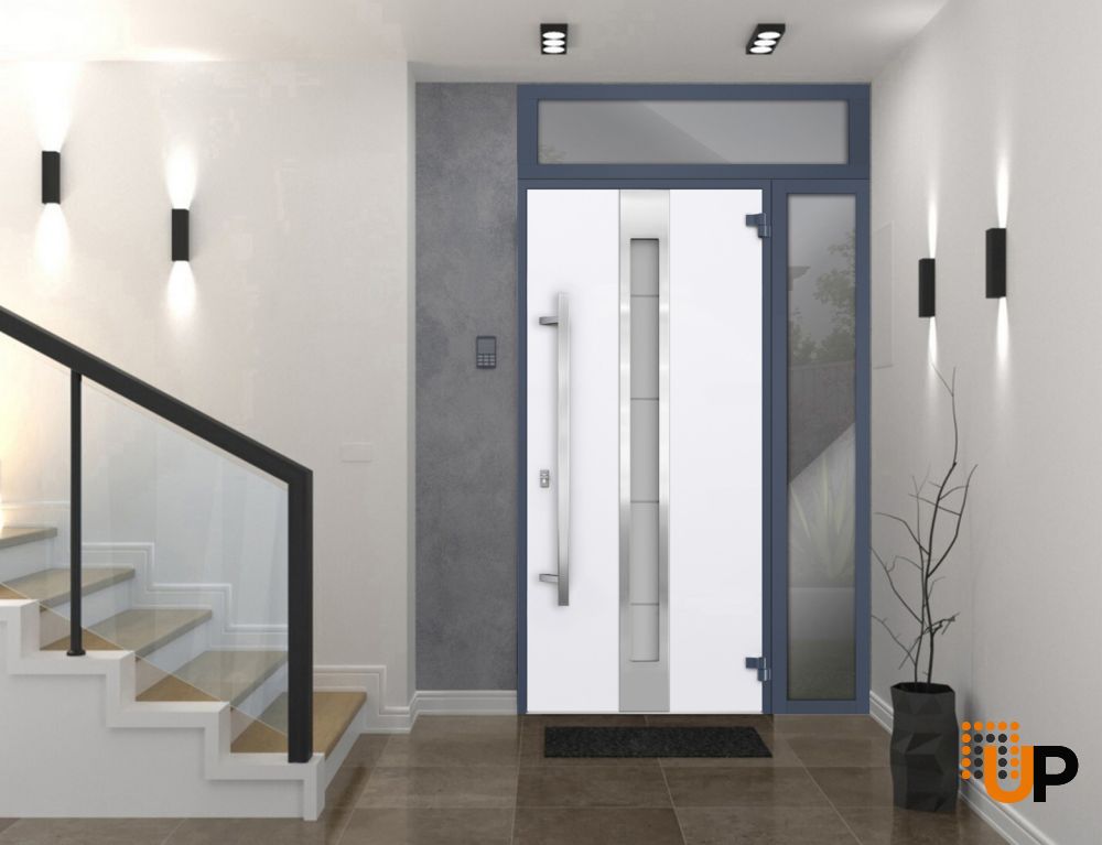 Front Exterior Prehung Steel Door / Deux 1717 Gray Graphite / Sidelight and Transom Window / Stainless Inserts Single Modern Painted-W36+14" x H80+16"-Left-hand Outswing photo#2