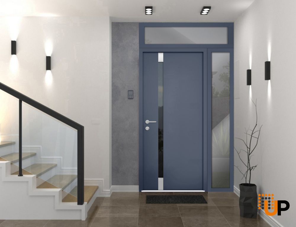 Front Exterior Prehung Steel Door / Cynex 6777 Grey / Sidelight and Transom Window / Stainless Inserts Single Modern Painted-W36+14" x H80+16"-Left-hand Outswing photo#2