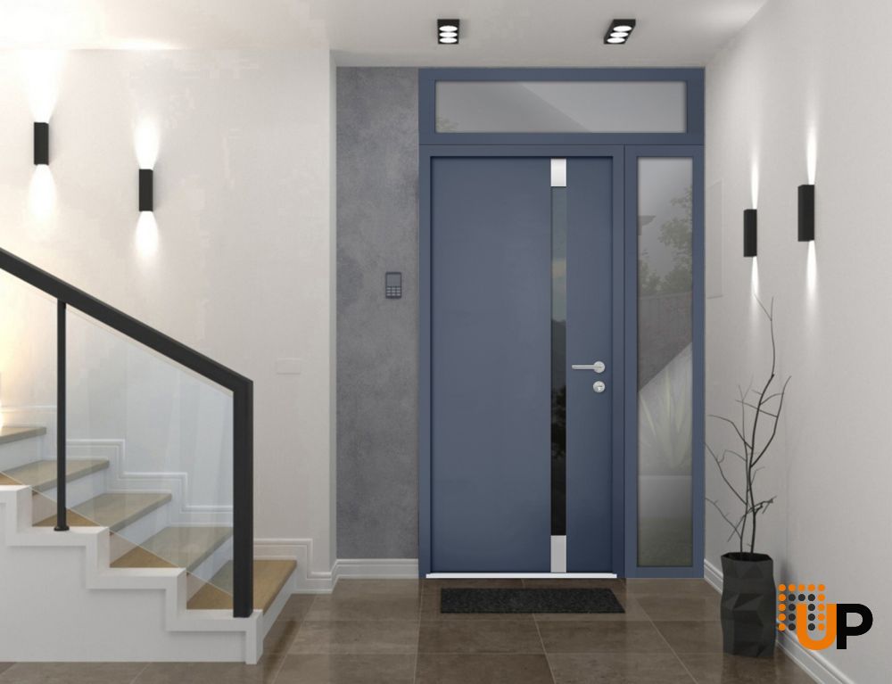 Front Exterior Prehung Steel Door / Cynex 6777 Grey / Sidelight and Transom Window / Stainless Inserts Single Modern Painted-W32+14" x H80+16"-Right-hand Outswing photo#2