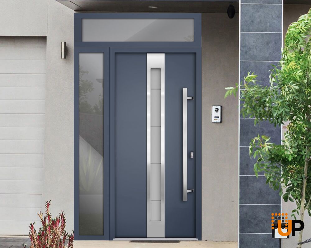 Front Exterior Prehung Steel Door / Deux 1717 Gray Graphite / Sidelight and Transom Window / Stainless Inserts Single Modern Painted-W36+14" x H80+16"-Left-hand Outswing photo#3