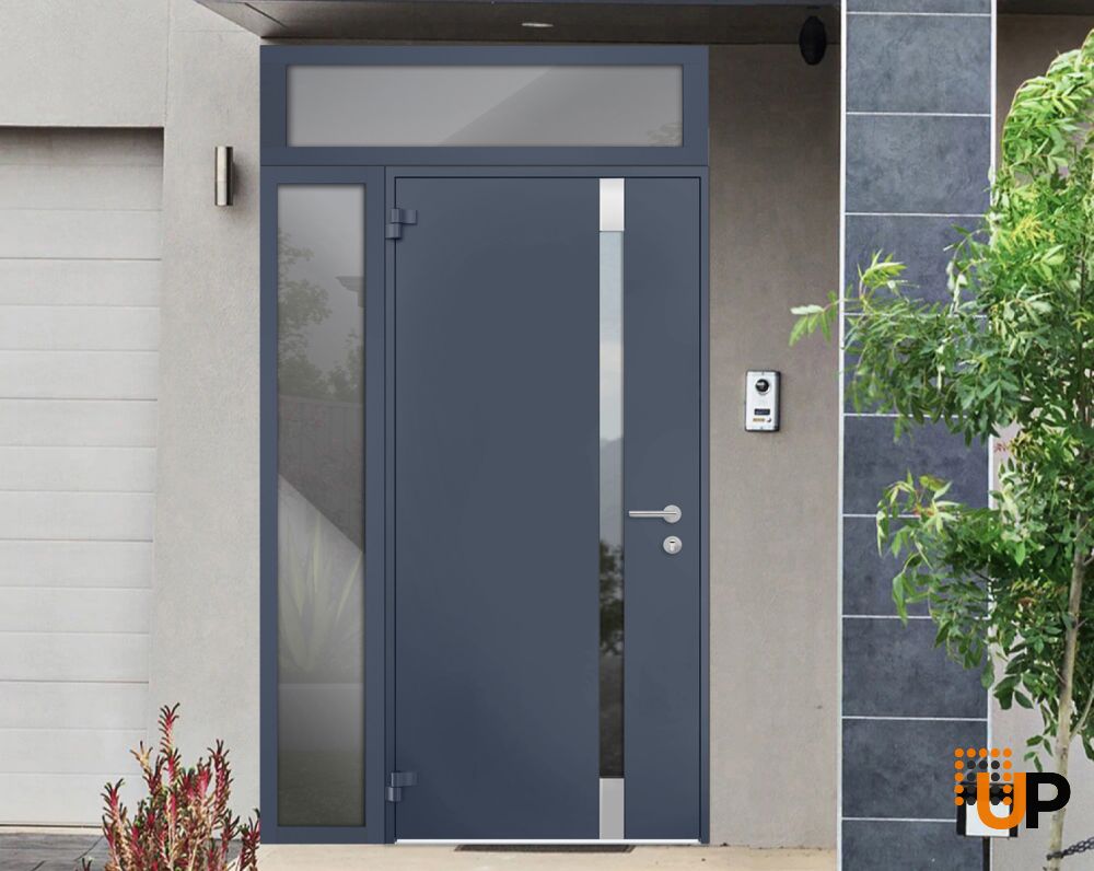 Front Exterior Prehung Steel Door / Cynex 6777 Grey / Sidelight and Transom Window / Stainless Inserts Single Modern Painted-W36+14" x H80+16"-Left-hand Outswing photo#3