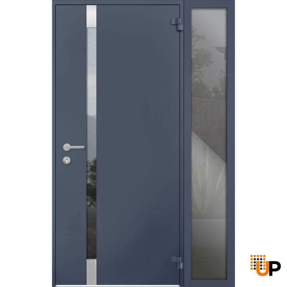 Front Exterior Prehung Steel Door / Cynex 6777 Grey / Sidelight Exterior Window / Stainless Inserts Single Modern Painted-W32+14" x H80"-Right-hand Outswing photo#1