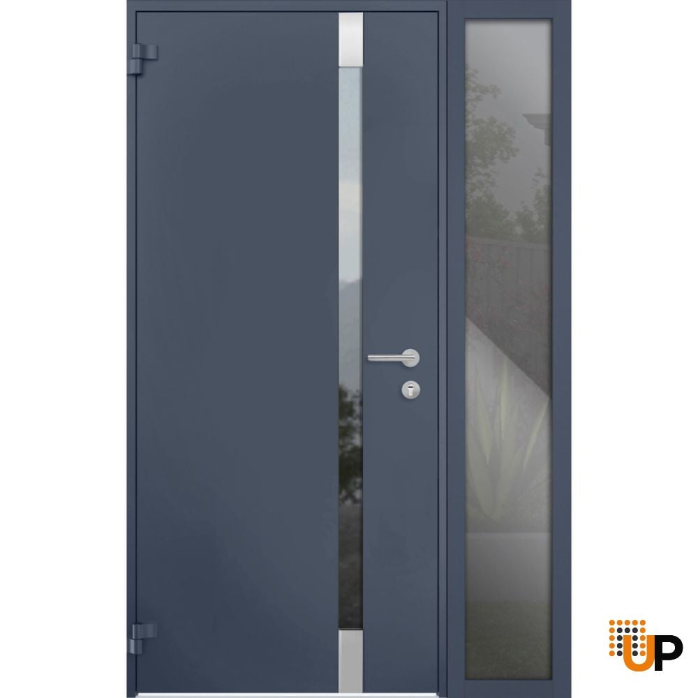 Front Exterior Prehung Steel Door / Cynex 6777 Grey / Sidelight Exterior Window / Stainless Inserts Single Modern Painted-W36+12" x H80"-Left-hand Outswing photo#1