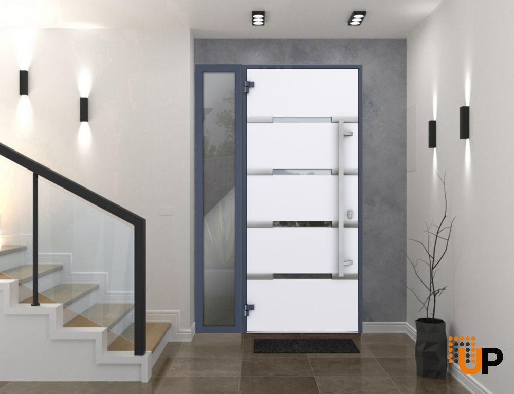 Front Exterior Prehung Steel Door / Deux 1105 Gray Graphite / Sidelight Exterior Window / Stainless Inserts Single Modern Painted-W36+14" x H80"-Right-hand Inswing photo#2