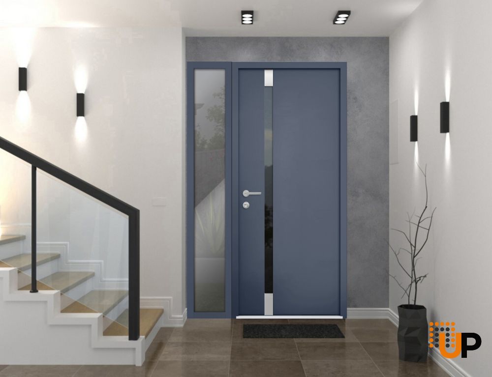 Front Exterior Prehung Steel Door / Cynex 6777 Grey / Sidelight Exterior Window / Stainless Inserts Single Modern Painted-W36+14" x H80"-Left-hand Outswing photo#2