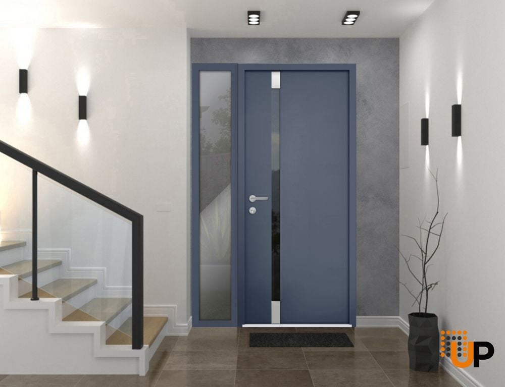 Front Exterior Prehung Steel Door / Cynex 6777 Grey / Sidelight Exterior Window / Stainless Inserts Single Modern Painted-W36+16" x H80"-Left-hand Outswing photo#2