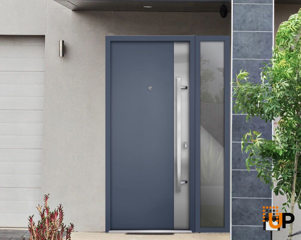 Front Exterior Prehung Steel Door / Deux 0729 Gray Graphite / Sidelight Exterior Window / Stainless Inserts Single Modern Painted-W36+12" x H80"-Left-hand Inswing photo#3