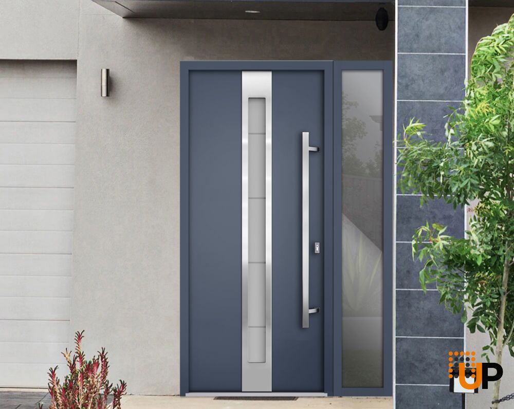 Front Exterior Prehung Steel Door / Deux 1717 Gray Graphite / Sidelight Exterior Window / Stainless Inserts Single Modern Painted-W36+16" x H80"-Left-hand Outswing photo#3