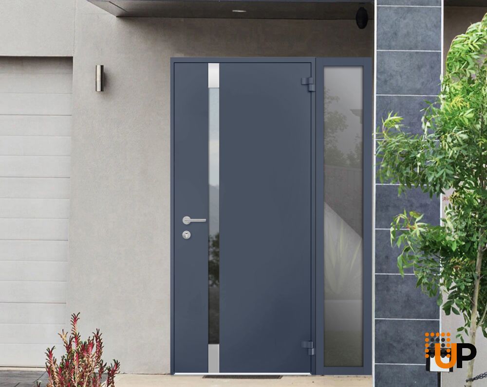 Front Exterior Prehung Steel Door / Cynex 6777 Grey / Sidelight Exterior Window / Stainless Inserts Single Modern Painted-W36+16" x H80"-Right-hand Outswing photo#3