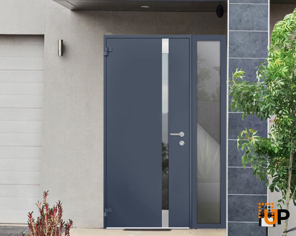 Front Exterior Prehung Steel Door / Cynex 6777 Grey / Sidelight Exterior Window / Stainless Inserts Single Modern Painted-W36+16" x H80"-Left-hand Outswing photo#3