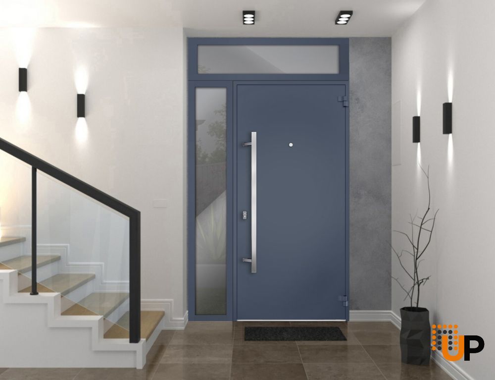 Front Exterior Prehung Steel Door / Deux 0729 Gray Graphite / Sidelight and Transom Window / Stainless Inserts Single Modern Painted-W36+14" x H80+16"-Left-hand Inswing photo#2