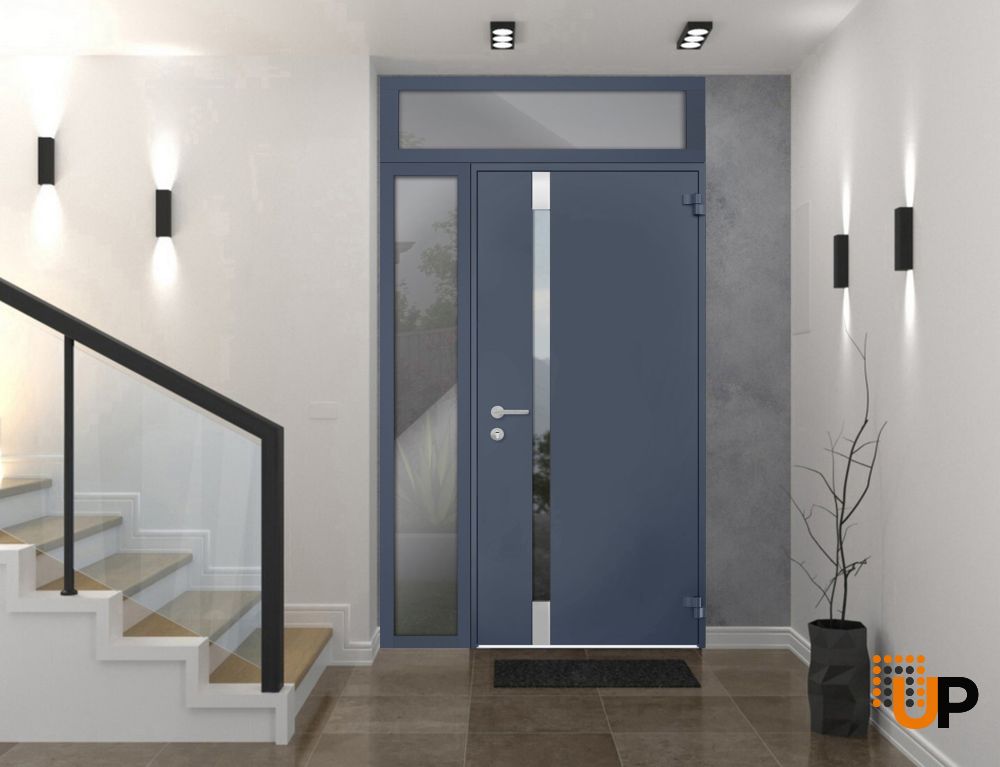 Front Exterior Prehung Steel Door / Cynex 6777 Grey / Sidelight and Transom Window / Stainless Inserts Single Modern Painted-W32+14" x H80+16"-Left-hand Inswing photo#3