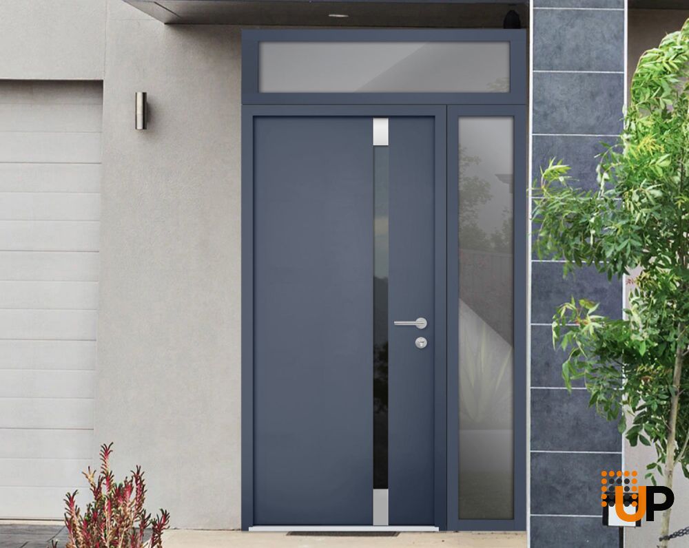 Front Exterior Prehung Steel Door / Cynex 6777 Grey / Sidelight and Transom Window / Stainless Inserts Single Modern Painted-W32+14" x H80+16"-Left-hand Inswing photo#2