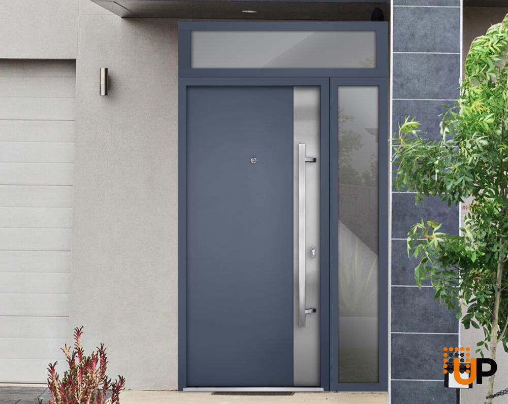 Front Exterior Prehung Steel Door / Deux 0729 Gray Graphite / Sidelight and Transom Window / Stainless Inserts Single Modern Painted-W36+14" x H80+16"-Left-hand Inswing photo#3