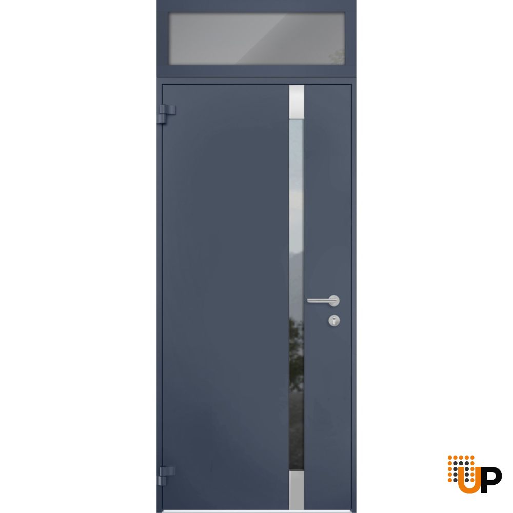 Front Exterior Prehung Steel Door / Cynex 6777 Grey / Transom Window / Stainless Inserts Single Modern Painted-W32" x H80+16"-Left-hand Outswing photo#1