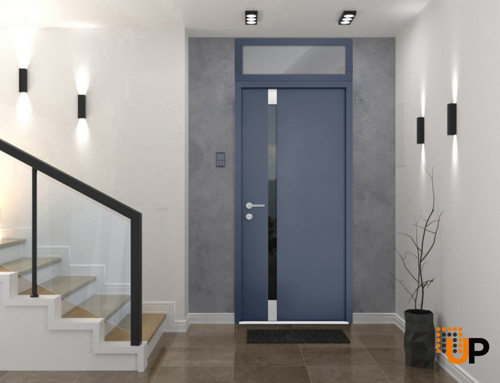 Front Exterior Prehung Steel Door / Cynex 6777 Grey / Transom Window / Stainless Inserts Single Modern Painted-W32" x H80+16"-Left-hand Outswing photo#2