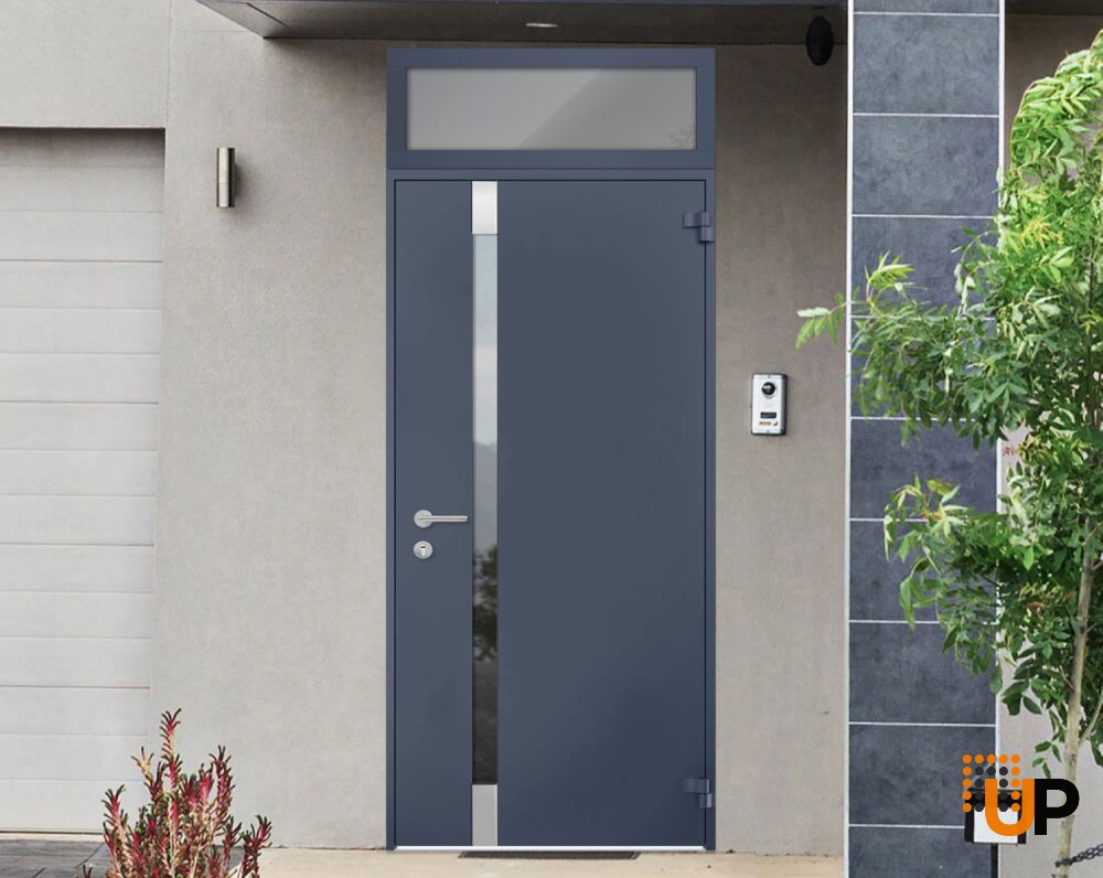 Front Exterior Prehung Steel Door / Cynex 6777 Grey / Transom Window / Stainless Inserts Single Modern Painted-W32" x H80+16"-Right-hand Outswing photo#3