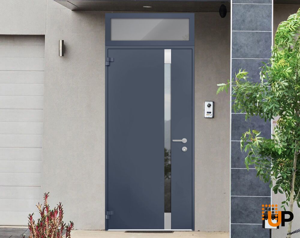 Front Exterior Prehung Steel Door / Cynex 6777 Grey / Transom Window / Stainless Inserts Single Modern Painted-W36" x H80+16"-Left-hand Outswing photo#3