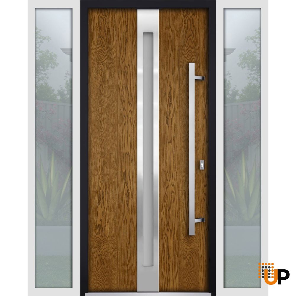 Front Exterior Prehung Steel Door / Deux 1744 Natural Oak / 2 Sidelight Exterior White Windows / Stainless Inserts Single Modern Painted-W16+36+16" x H80"-Left-hand Outswing photo#1