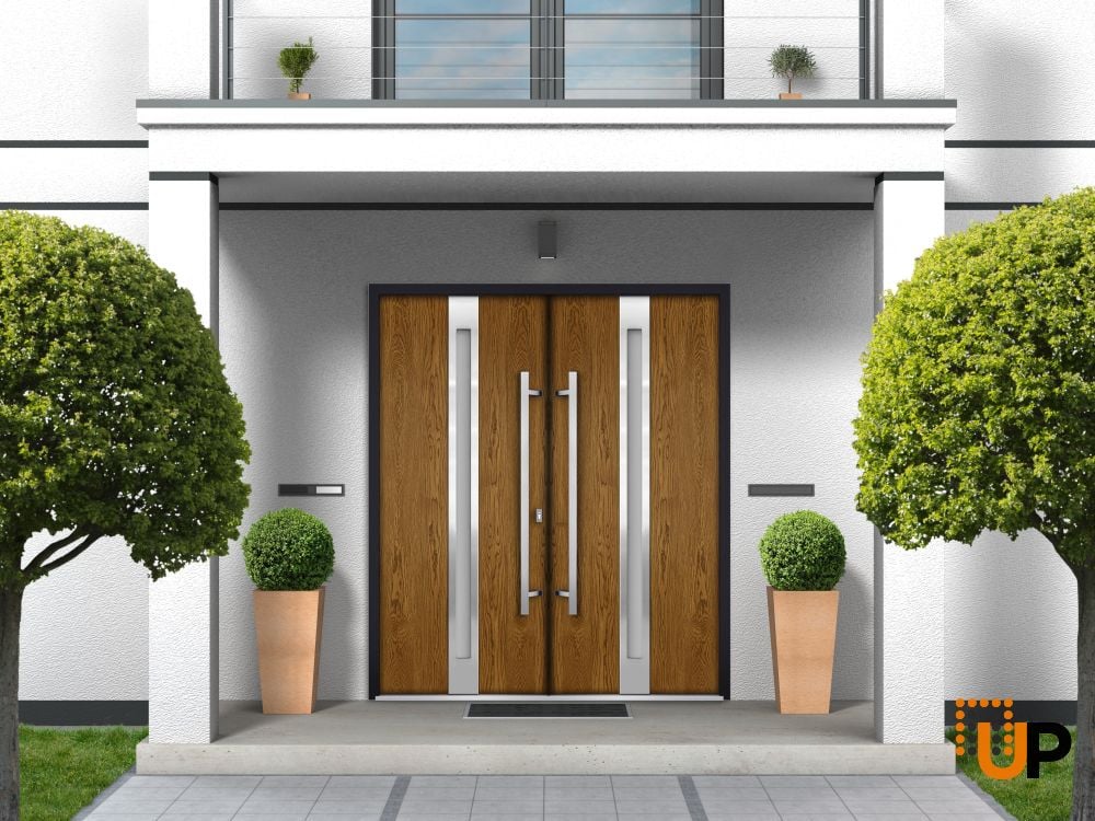 Front Exterior Prehung Steel Double Doors / Deux 1713 Natural Oak / Stainless Inserts Double Modern Painted-Right Hand photo#2