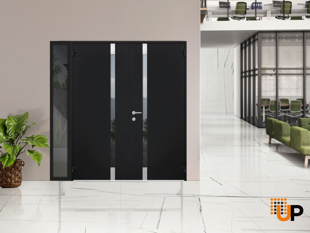 Front Exterior Prehung Steel Double Doors / Cynex 6777 Black / Sidelight Exterior Window / Stainless Inserts Single Modern Painted-W72+16" x H80"-Right-hand Outswing photo#3