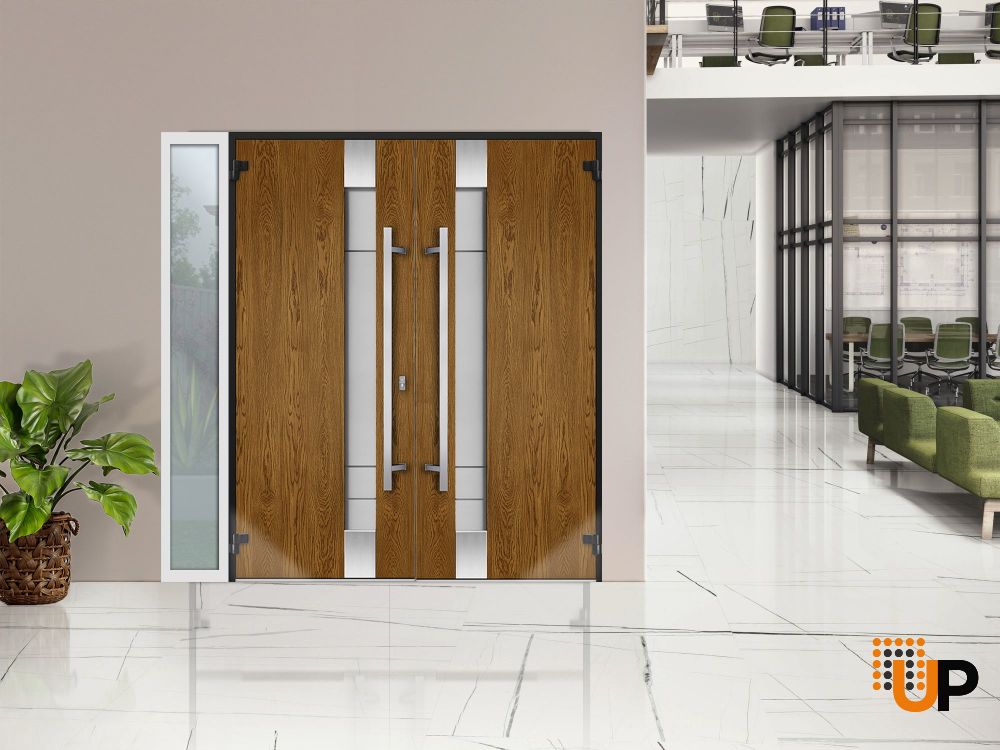 Front Exterior Prehung Steel Double Doors / Deux 1713 Natural Oak / White Sidelight Exterior Window / Stainless Inserts Double Modern Painted-Right Hand-W72+12" x H80" photo#5