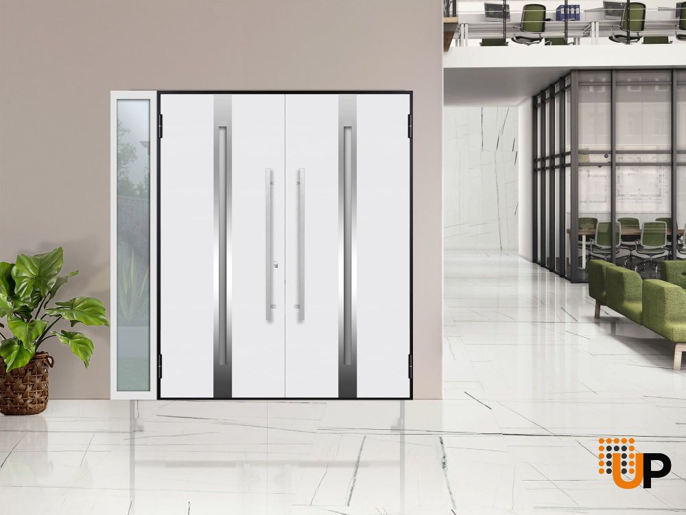 Front Exterior Prehung Steel Double Doors / Deux 1713 Natural Oak / White Sidelight Exterior Window / Stainless Inserts Double Modern Painted-Left Hand-W72+12" x H80" photo#5