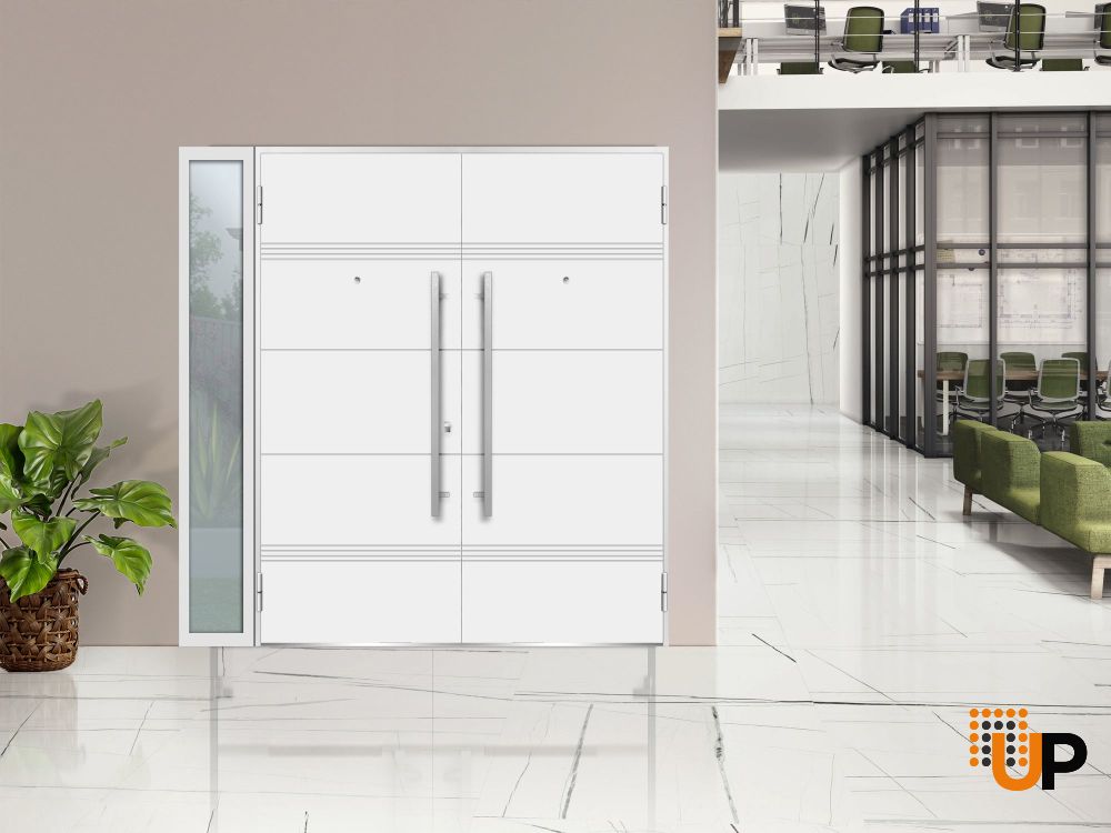 Front Exterior Prehung Steel Double Doors / Deux 1705 White Enamel / Sidelight Exterior Black Window / Stainless Inserts Single Modern Painted-W72+14" x H80" photo#8
