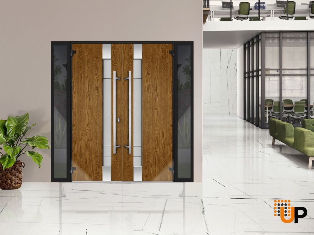 Front Exterior Prehung Steel Double Doors / Deux 1713 Natural Oak / 2 Black Sidelight Exterior Windows / Stainless Inserts Single Modern Painted-W12+72+12" x H80" photo#3