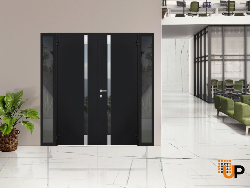 Front Exterior Prehung Steel Double Doors / Cynex 6777 Black / 2 Sidelight Exterior Windows / Stainless Inserts Single Modern Painted-W14+72+14" x H80"-Left-hand Outswing photo#3