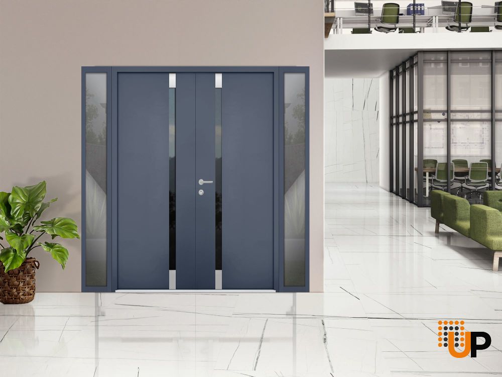 Front Exterior Prehung Steel Double Doors / Cynex 6777 Grey / 2 Sidelight Exterior Windows / Stainless Inserts Single Modern Painted-W16+72+16" x H80"-Left-hand Outswing photo#3