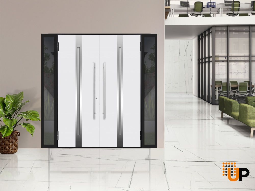 Front Exterior Prehung Steel Double Doors / Deux 1713 Natural Oak / 2 Black Sidelight Exterior Windows / Stainless Inserts Single Modern Painted-W12+72+12" x H80" photo#3