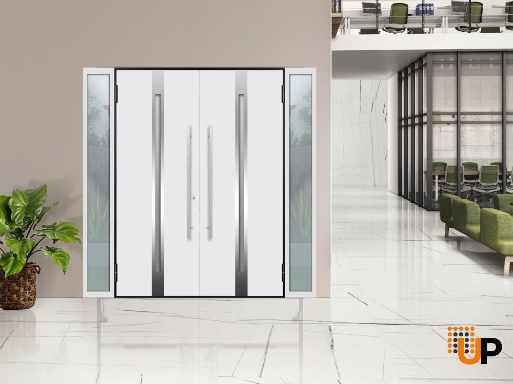 Front Exterior Prehung Steel Double Doors / Deux 1713 Natural Oak / 2 White Sidelight Exterior Windows / Stainless Inserts Double Modern Painted-Left Hand-W12+72+12" x H80" photo#3