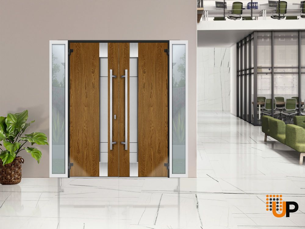 Front Exterior Prehung Steel Double Doors / Deux 1713 Natural Oak / 2 White Sidelight Exterior Windows / Stainless Inserts Double Modern Painted-Right Hand-W16+72+16" x H80" photo#4