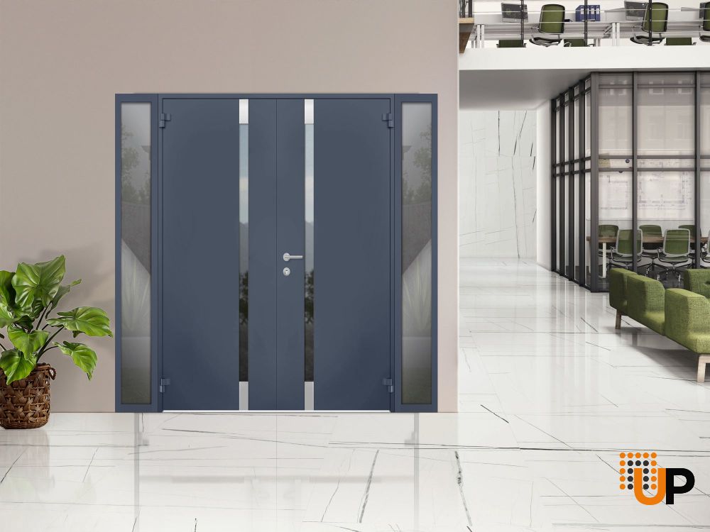 Front Exterior Prehung Steel Double Doors / Cynex 6777 Grey / 2 Sidelight Exterior Windows / Stainless Inserts Single Modern Painted-W16+72+16" x H80"-Left-hand Inswing photo#3