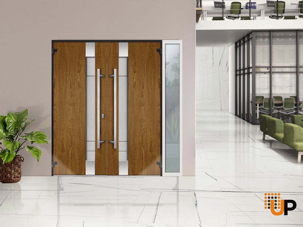 Front Exterior Prehung Steel Double Doors / Deux 1713 Natural Oak / White Sidelight Exterior Window / Stainless Inserts Double Modern Painted-Right Hand-W72+12" x H80" photo#6
