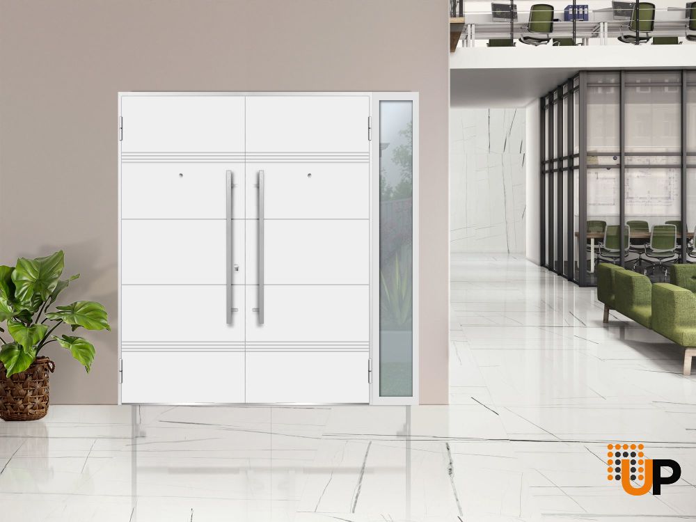 Front Exterior Prehung Steel Double Doors / Deux 1705 White Enamel / Sidelight Exterior Black Window / Stainless Inserts Single Modern Painted-W72+14" x H80" photo#7