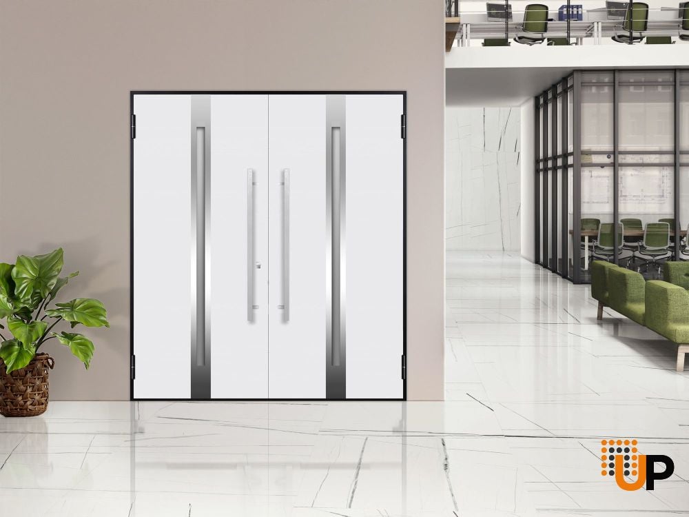 Front Exterior Prehung Steel Double Doors / Deux 1713 Natural Oak / Stainless Inserts Double Modern Painted-Right Hand photo#3