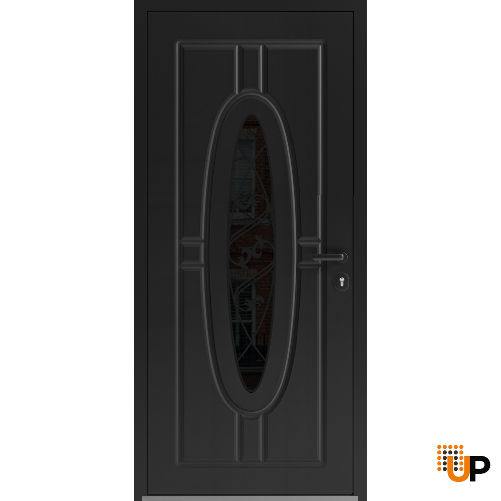 Front Exterior Prehung Steel Door / Ronex 1277 Black Enamel / Stainless Inserts Entry Metal Modern Painted W36" x H80" Left hand Inswing photo#1