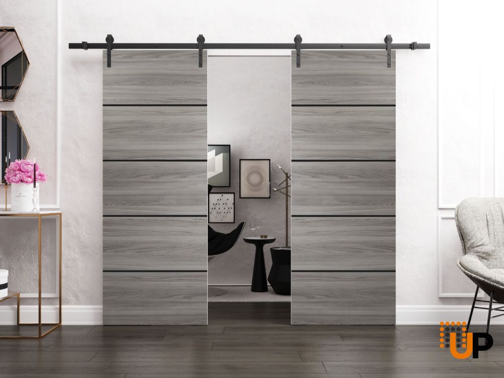 Sturdy Double Barn Door with Hardware | Planum 0015 Ginger Ash and Aluminum Strips | 13FT Rail Hangers Heavy Set | Modern Solid Panel Interior Doors-64" x 84" (2* 32x84) photo#3