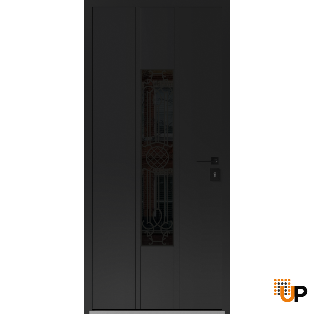 Front Exterior Prehung Steel Door / Ronex 1477 Black Enamel / Stainless Inserts Entry Metal Modern Painted W36" x H80" Left hand Inswing photo#1