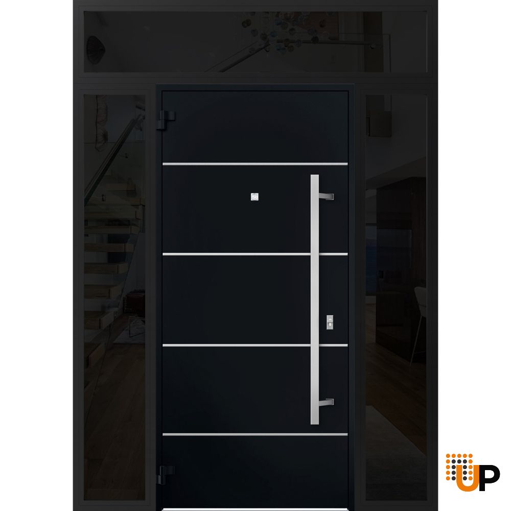 Front Exterior Prehung Steel Door / Deux 6083 Black Enamel / 2 Sidelight and Transom Window Sidelite / Stainless Inserts Entry Metal Modern Painted W16+36+16" x H80+16" Right hand Inswing photo#2