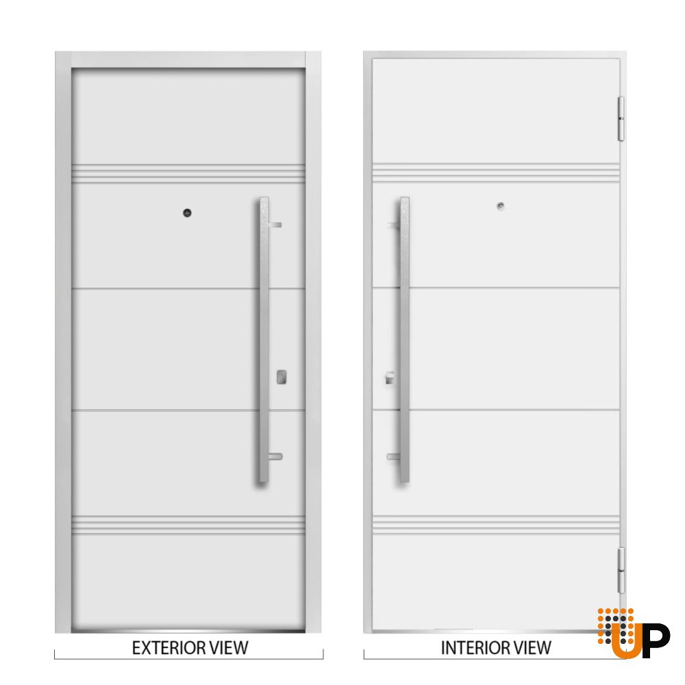 Front Exterior Prehung Steel Door / Deux 1705 White Enamel / Sidelight and Transom Black Window / Stainless Inserts Single Modern Painted-W36+14" x H80+16"-Left-hand Inswing photo#4