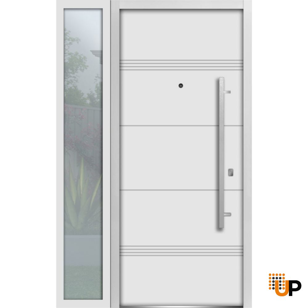 Front Exterior Prehung Steel Door / Deux 1705 White Enamel / Sidelight Exterior Black Window / Stainless Inserts Single Modern Painted-W36+16" x H80"-Left-hand Inswing photo#1