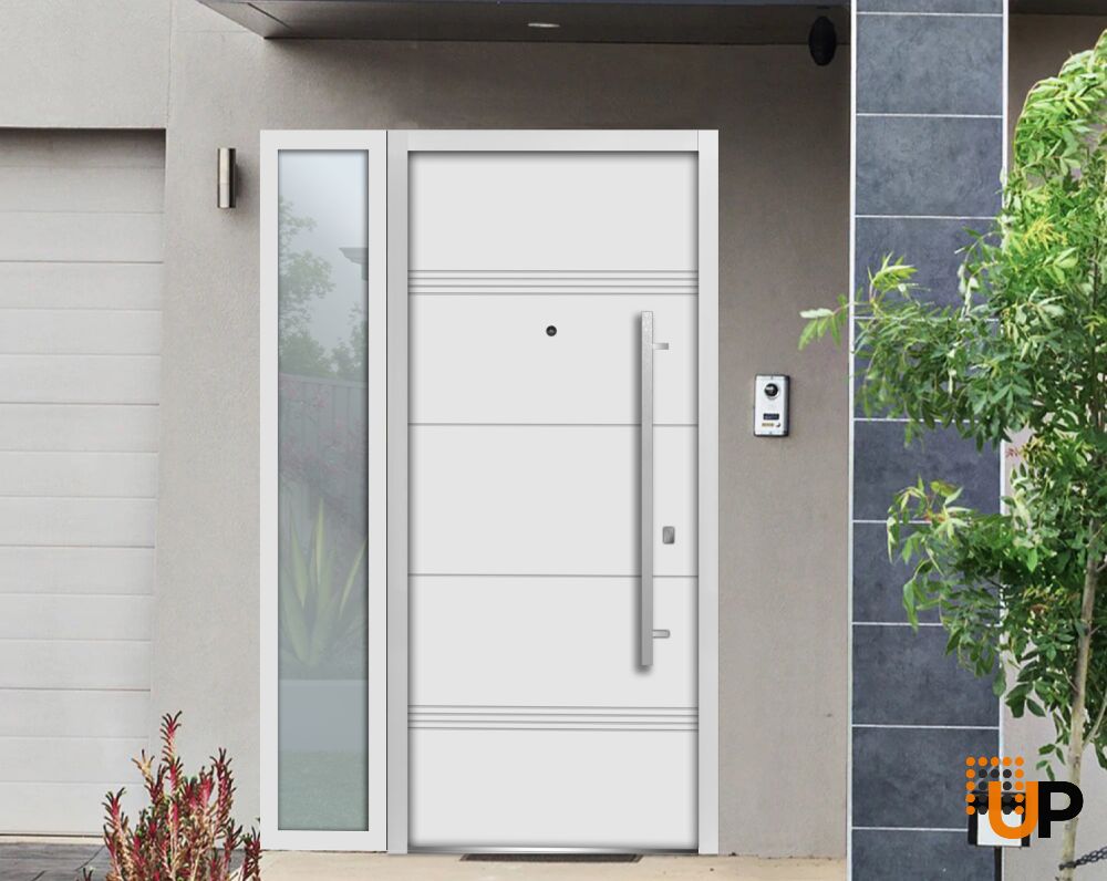 Front Exterior Prehung Steel Door / Deux 1705 White Enamel / Sidelight Exterior Black Window / Stainless Inserts Single Modern Painted-W36+16" x H80"-Left-hand Inswing photo#3