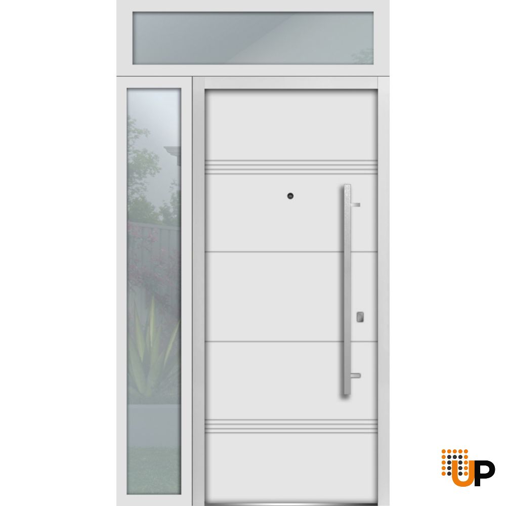 Front Exterior Prehung Steel Door / Deux 1705 White Enamel / Sidelight and Transom Black Window / Stainless Inserts Single Modern Painted-W36+14" x H80+16"-Left-hand Inswing photo#1